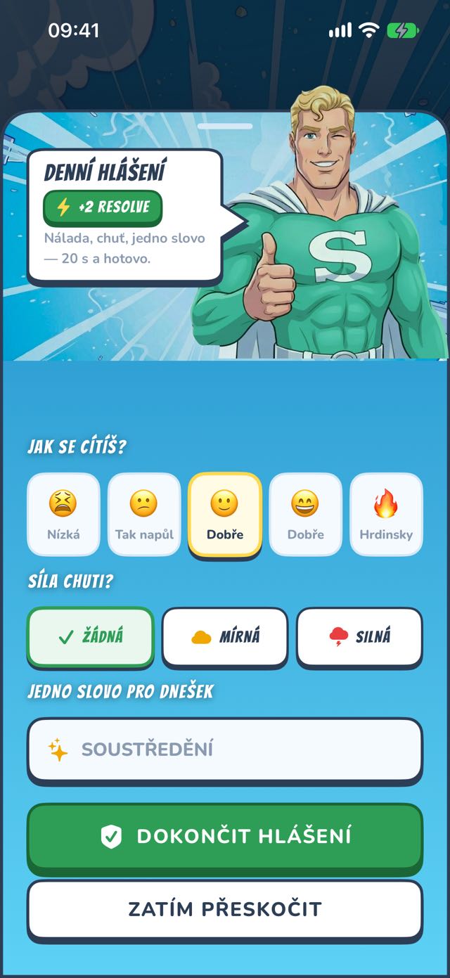 Denní check-in — nálada, chuť, jedno slovo