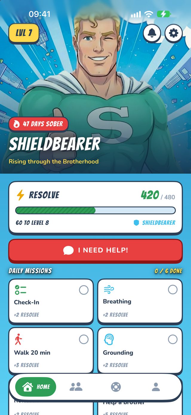 SoberHero dashboard — your hero, streak and daily missions