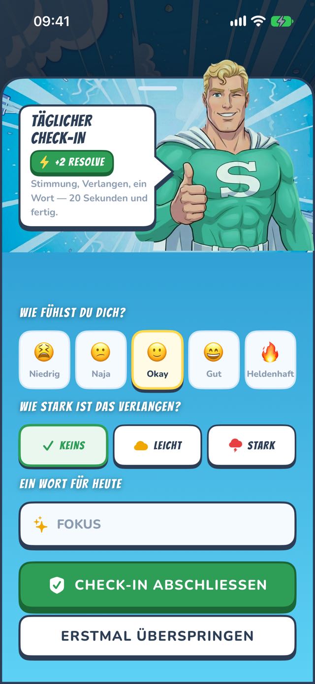 Täglicher Check-in — Stimmung, Verlangen, ein Wort