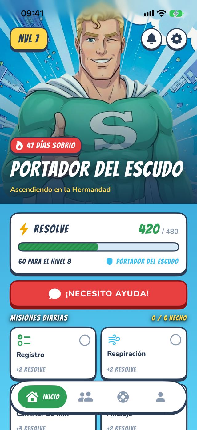 Panel de SoberHero — tu héroe, tu racha y las misiones diarias
