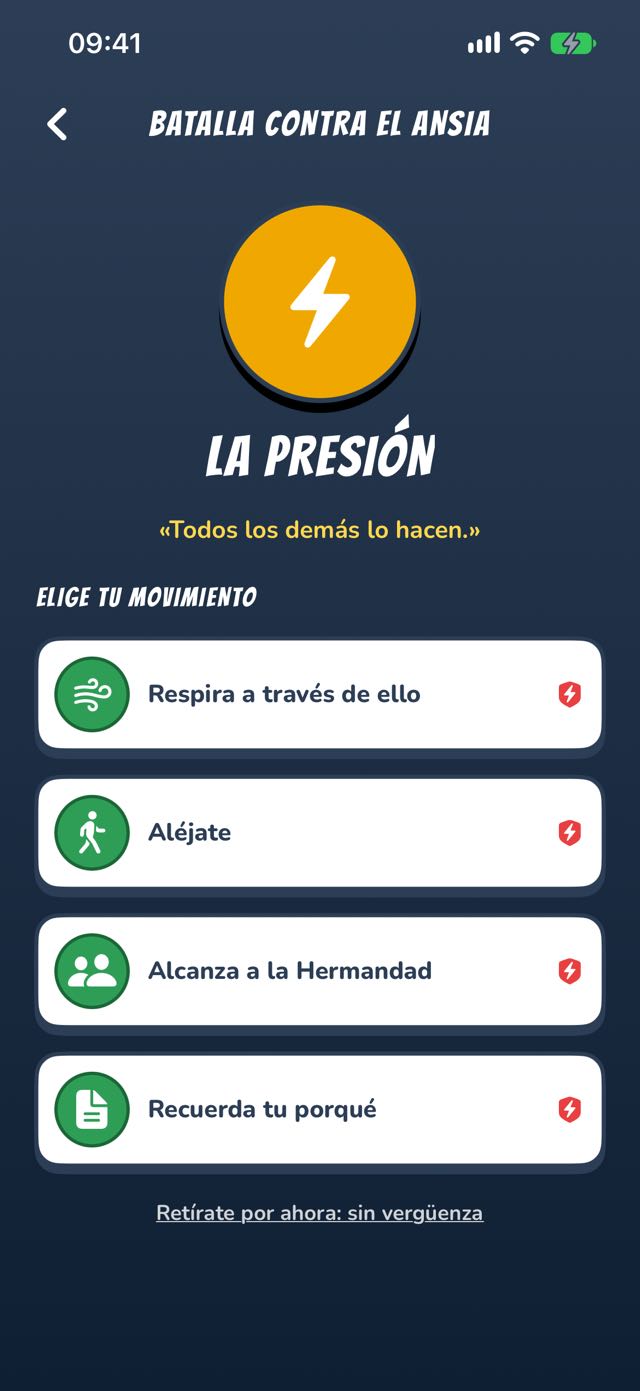 Pantalla de batalla — elige tu movimiento contra las ganas
