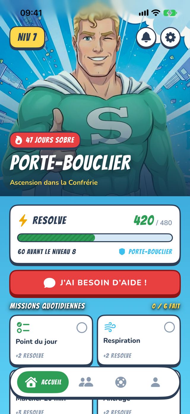 Tableau de bord SoberHero — ton héros, ta série et les missions du jour