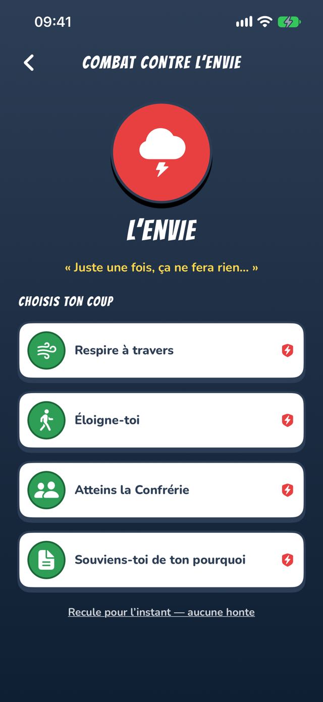Écran de duel — choisis ta parade contre l'envie