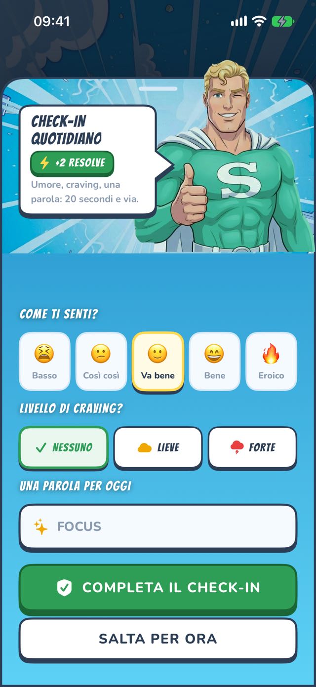 Check-in giornaliero — umore, voglia, una parola