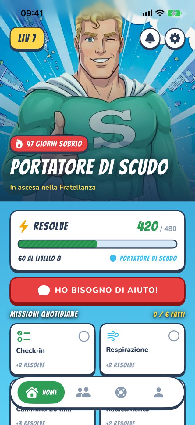 Dashboard di SoberHero — il tuo eroe, la serie e le missioni giornaliere