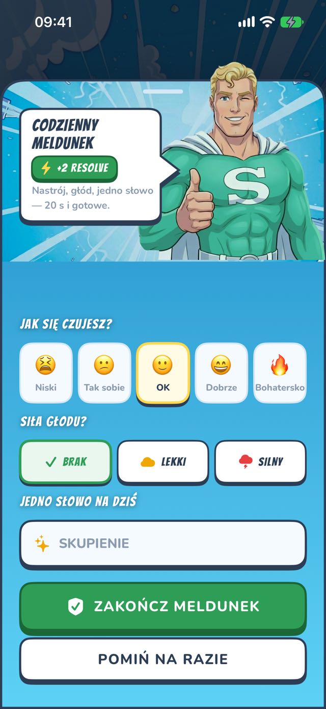 Codzienny check-in — nastrój, głód, jedno słowo