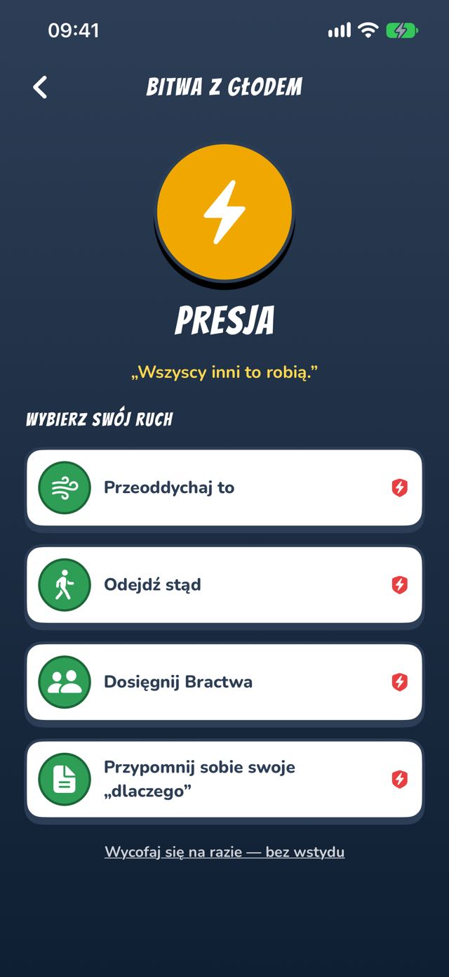 Ekran bitwy — wybierz ruch przeciwko głodowi