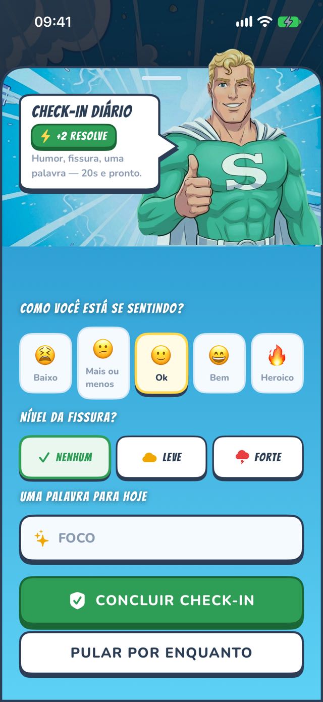 Check-in diário — humor, fissura, uma palavra