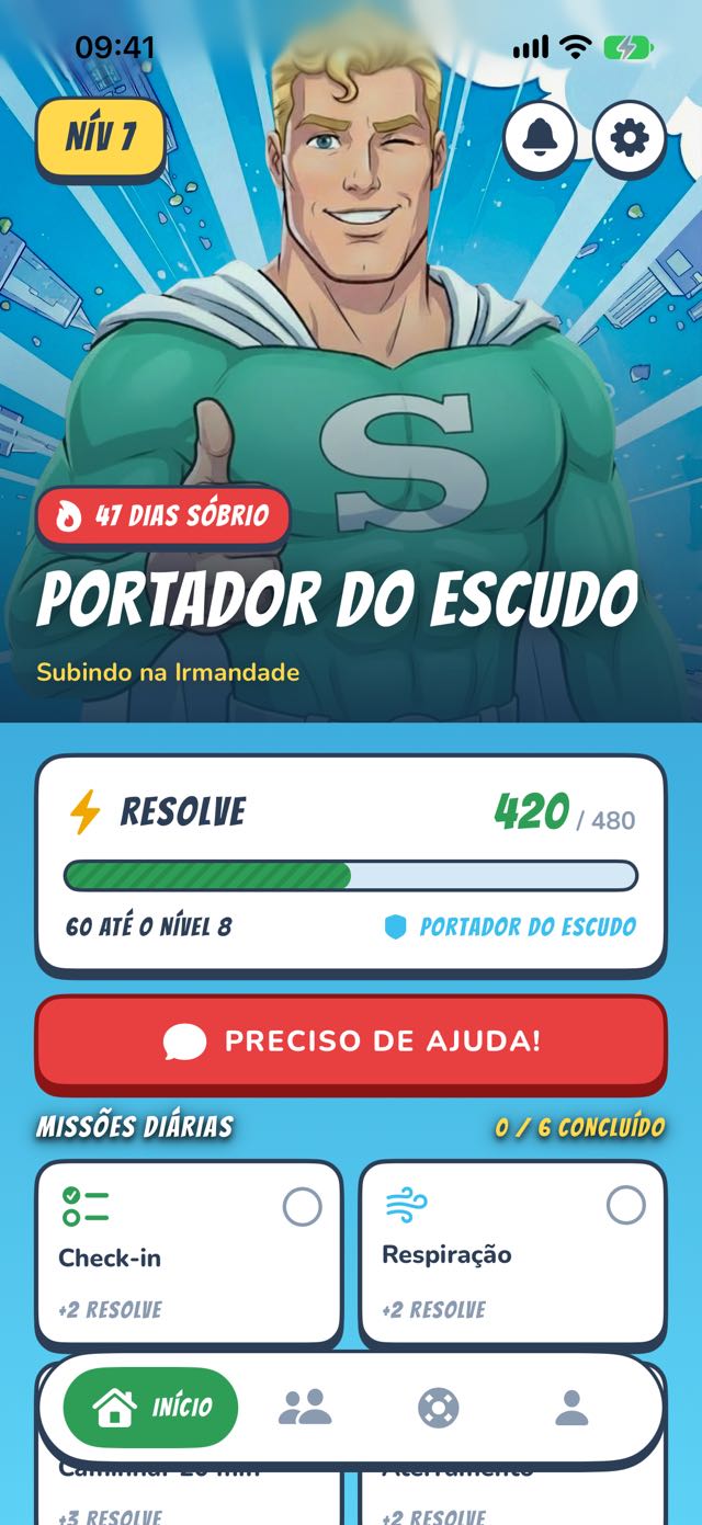 Painel do SoberHero — seu herói, sua sequência e as missões diárias