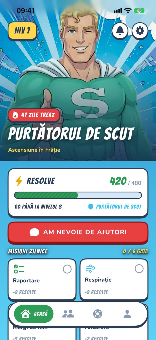 Panoul SoberHero — eroul tău, seria și misiunile zilnice
